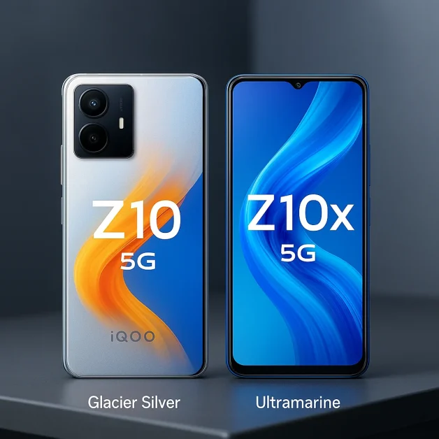 iQOO Z10 5G and Z10x 5G smartphones showcasing their designs for India launch.
